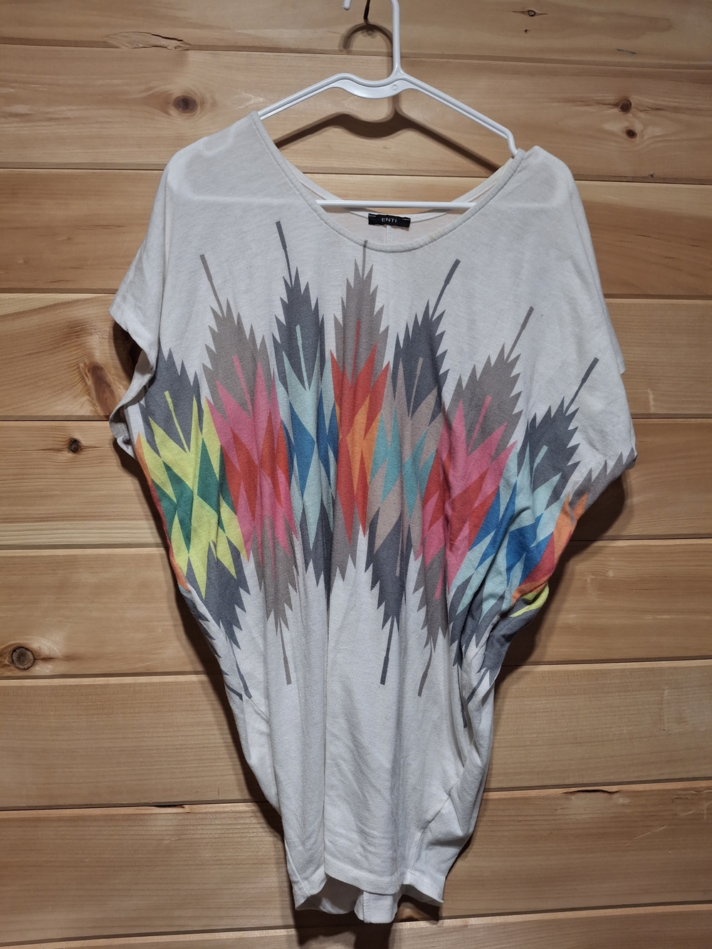 Printed Dolman Sleeve Blouse in White with Multicolor Aztec Motif